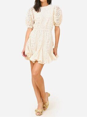 RARE NWT $525 RHODE MOLLY FLOWY MINI DRESS IN BUTTERCREAM EYELET SIZE M